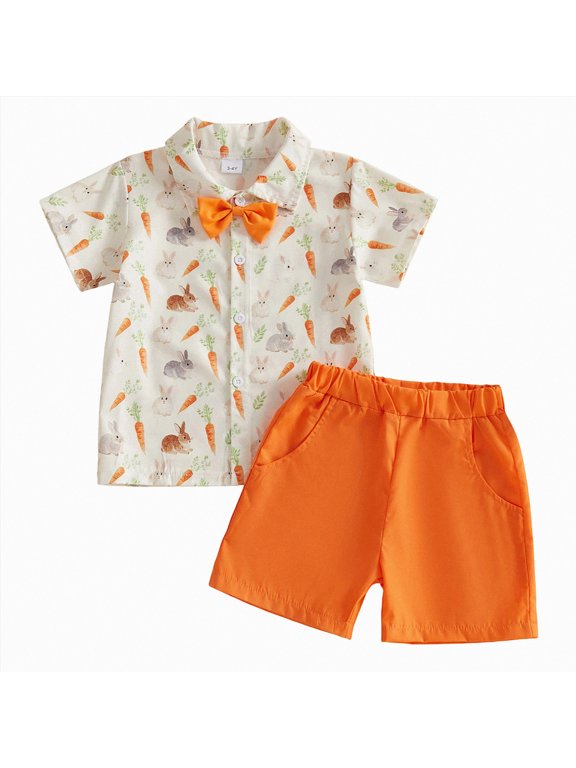 Toddler Baby Boy Easter Outfit Lapel Bunny Embroidery Striped Short Sleeve Button Tops Shorts Set Summer Infant Boy Clothes (Red,3-4 Years)