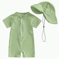 thumbnail image 1 of UngA Toddler Baby Boy Girl Rash Guard Swimsuit Seersucker Short Sleeve One Piece Zipper Bathing Suit Swimwear with Hat (Green,12-24 Months), 1 of 8
