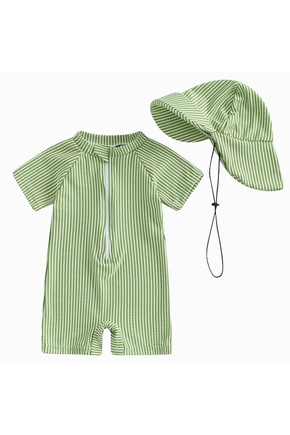 Toddler Baby Boy Girl Rash Guard Swimsuit Seersucker Short Sleeve One Piece Zipper Bathing Suit Swimwear with Hat (Green,12-24 Months)