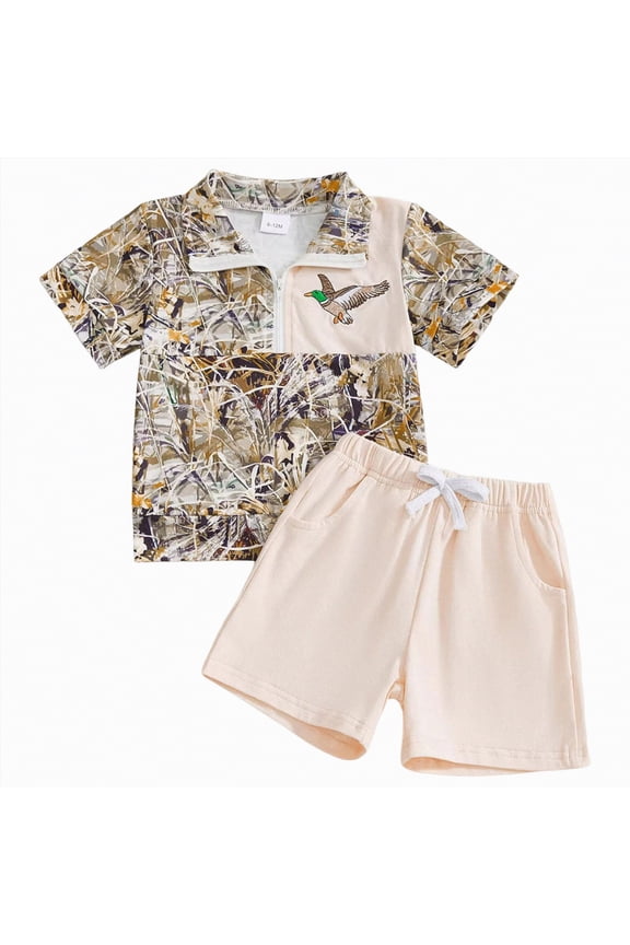 Toddler Baby Boy Hunting Outfit Mallard Duck Jungle Camouflage Short Sleeve Zipper Tops Shorts Set Infant Summer Clothes (Beige,0-6 Months)