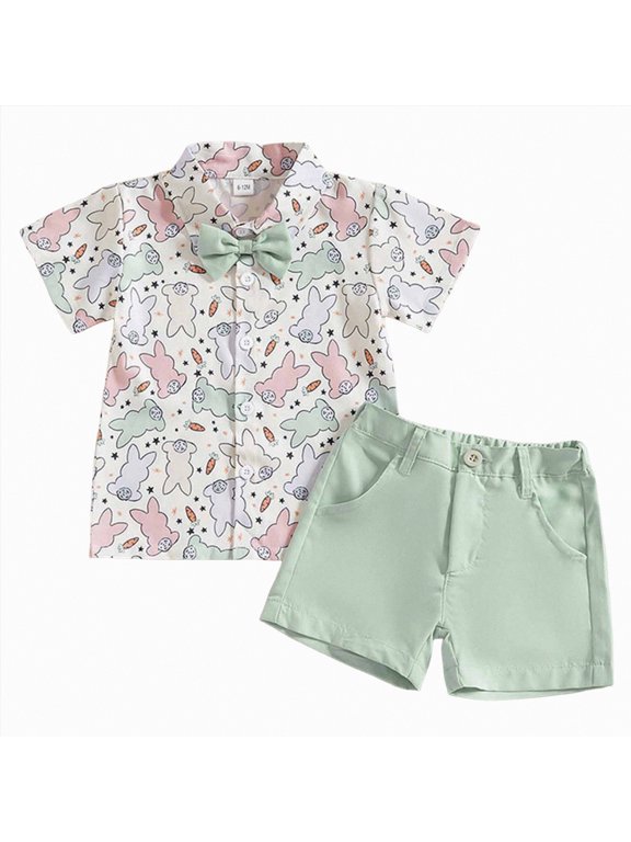 Toddler Boy Easter Outfit Carrot Button Short Sleeve Bow Tie Gentleman Shirt Infant Baby Boys Summer Spring Shorts Set (White,6-12 Months)