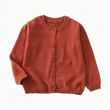 UngA Toddler Boys Girls Crewneck Cardigan Sweaters for Babies Long Sleeve Kids Button Cotton School Uniform Knit Tops Outwear (Brick Red,18-24 Months)