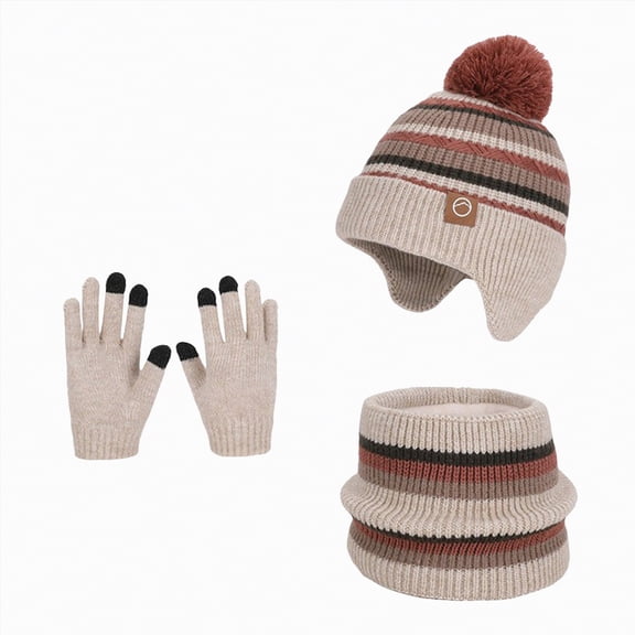 UngA Toddler Boys Girls Winter Warm Knit Beanie Hat Touchscreen Gloves Neck Scarf with Fleece Cap for Kid Gifts (Beige,4-10 Years)