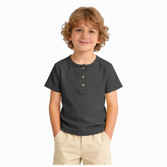 UngA Toddler Boys Henley Short Sleeve Shirt Cotton Blend Button Front Summer Tee Tops Kids Breathable Casual Tshirts (Dark Gray,5-6 Years)