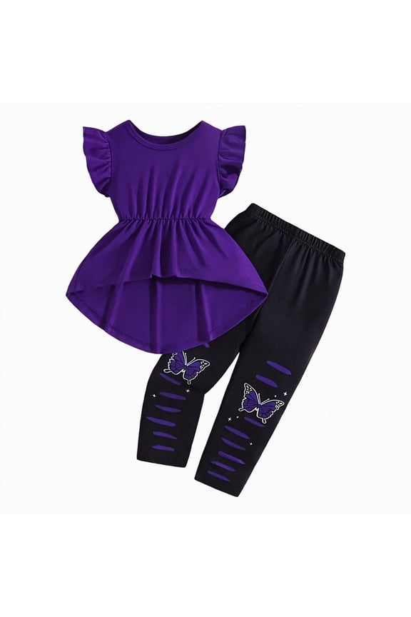 Toddler Girl Clothes Kid Spring Summer Outfit Ruffle Sleeve Shirt Top Floral Pants Fall Clothing Set 3-4 Years,Purple