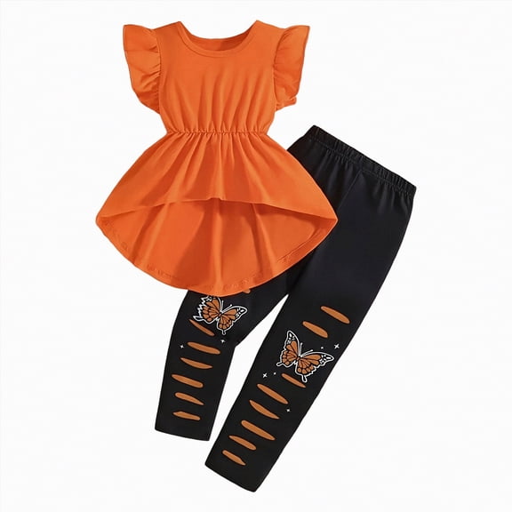 UngA Toddler Girl Clothes Kid Spring Summer Outfit Ruffle Sleeve Shirt Top Floral Pants Fall Clothing Set 5-6 Years,Orange