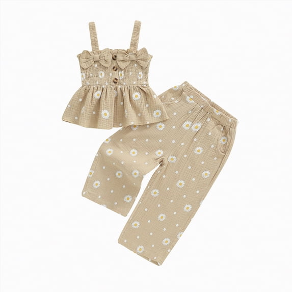 UngA Toddler Girl Clothes Sleeveless Smocked Ruffle Tank Tops and Long Pants Summer Little Girls Outfits 1-2 Years,Beige