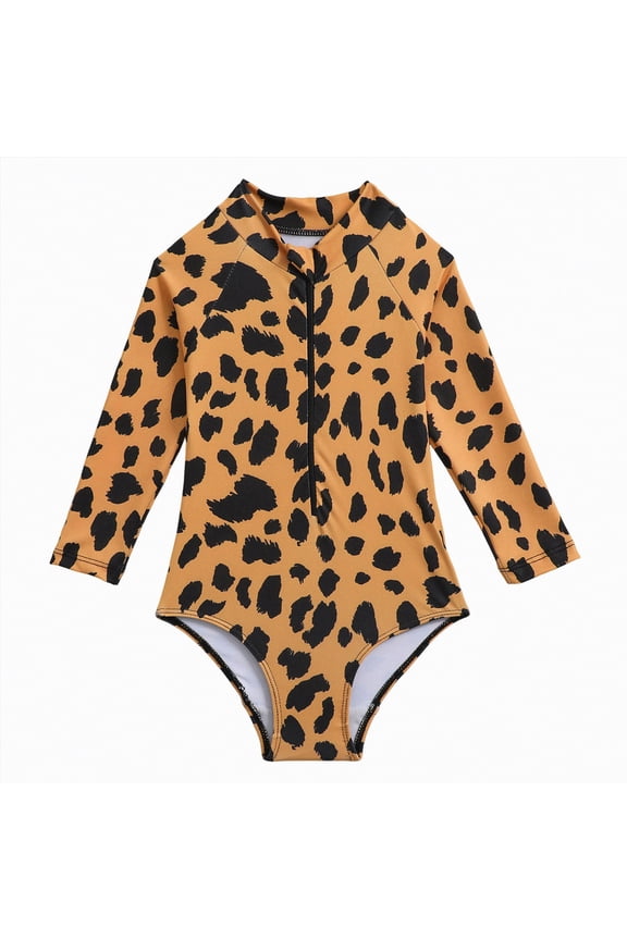 Toddler Girl Leopard Print Long Sleeve One Piece Swimsuit Sun Protection Quick Dry Bathing Suit for Girls Swimwear Beach Pool (Gold,2-3 Years)
