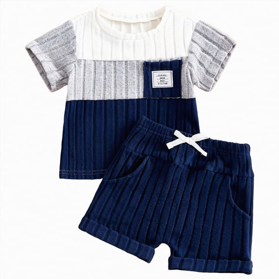 UngA Toddler Infant Baby Boys Summer Outfits 3 6 9 12 18 24 Months 2 3 T Boy Knit Shorts Set 2Pcs Spring Clothes Suit (Blue,9-12 Months)