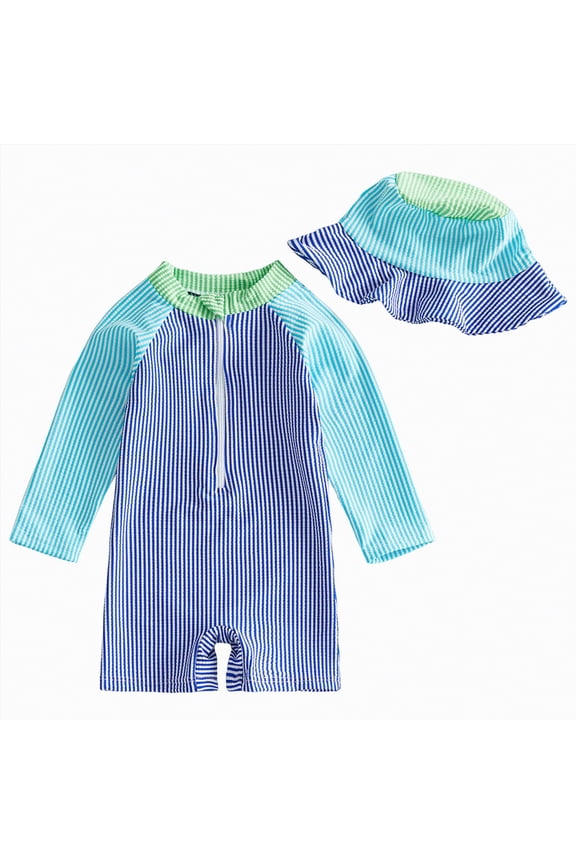 Toddler Infant Baby Swimsuit Boy Girl One Piece Striped Zipper Bathing Suit Rash Guard Long Sleeve Seersucker Swimwear Sunsuit (Blue,3-6 Months)