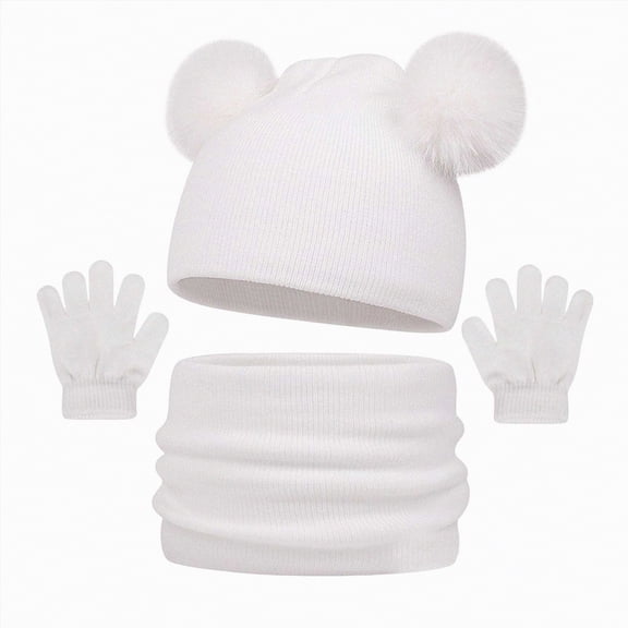 UngA Toddler Winter Hat Gloves Scarf Set, Kids Beanie Hat Neck Warmer Mittens Fleece Lined Set (White,2-12 Years)