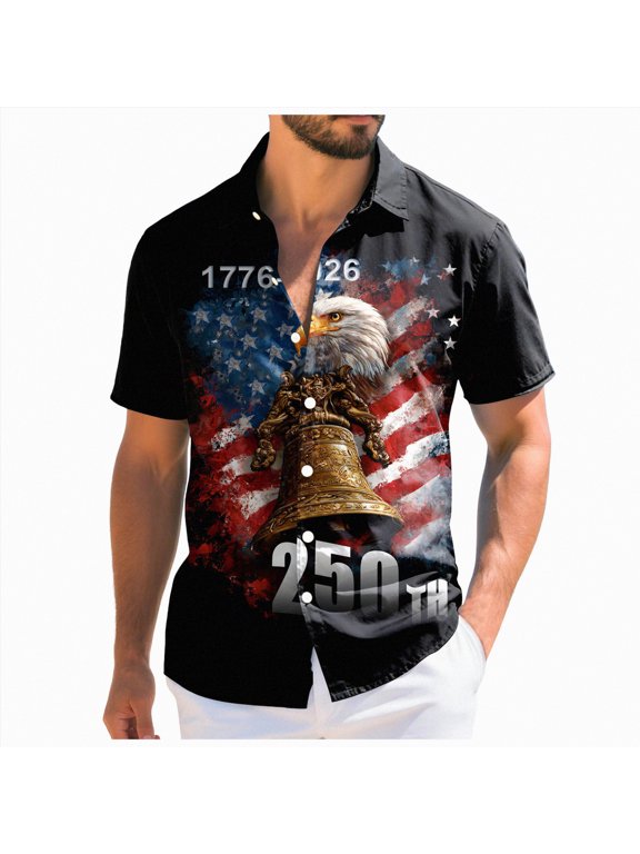 USA 250th Anniversary Shirt, Hawaiian USA Bald Eagle Shirts American Flag Button T-Shirt Short Sleeve Casual Holiday Beach Shirts (Black,6XL)