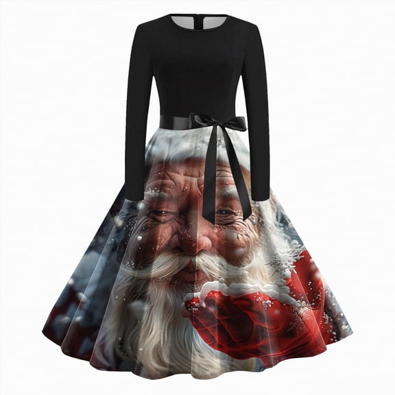 UngA Ugly Christmas Dress Women Christmas Dresses for Woman Long Sleeve Christmas Plaid Womens Dresses Round Neck Knee Length Skirts Black,XL