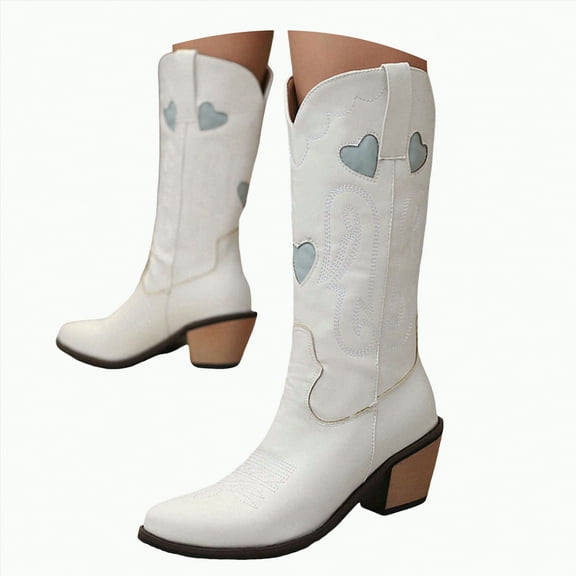 UngA Western Boots Women Cowboy Boots Embroidered Cowgirl Boots Western Mid-Calf Knee-High Boots with Heel White,6.5