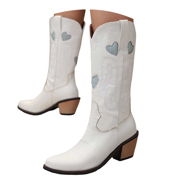UngA Western Boots Women Women's Ankle Boots - Slouchy Fashion Low Calf Flat Booties Comfortable Round Toe White,5.5