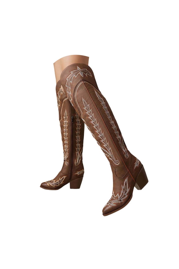 Western Boots Women Women's Banana Knee High Boots Square Toe Block Heel Comfortable Low Heel Pull on Wide Brown,D