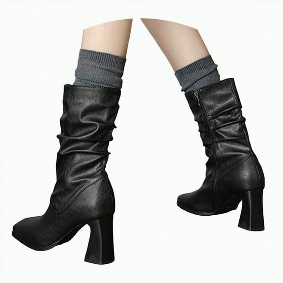 UngA Western Boots Women Women's Square Toe Boots Comfortable Block Heel Casual Boots Mid Calf Riding Boots Black,6