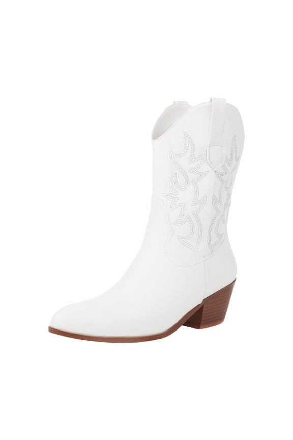 Wide Calf Boots Cowboy Boots for Women Cowgirl Mid Calf Western Boots Block Heel White,7