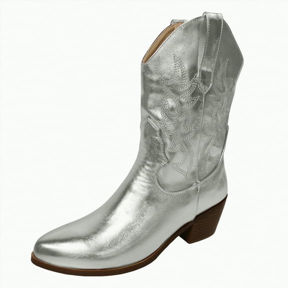 UngA Wide Calf Boots Mid-Calf Cowgirl Boots Cowboy Western Pull-On Tabs Pointy Toe Boot Silver,8.5