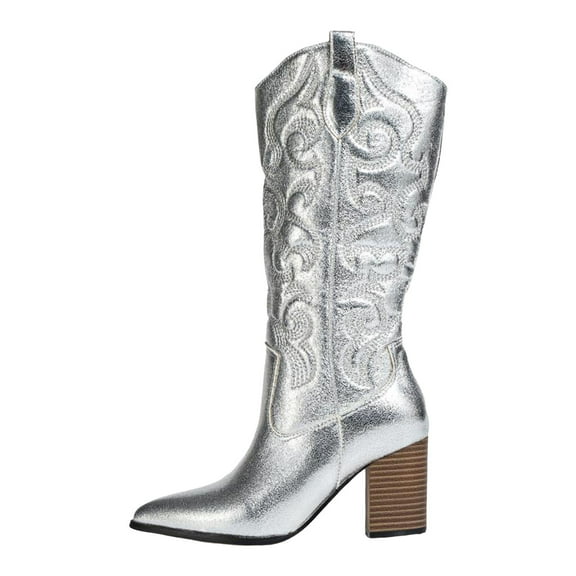 UngA Wide Calf Boots Women's Western Boots Square Toe Heel Zipper Embroidered Ankle Boots Silver,6