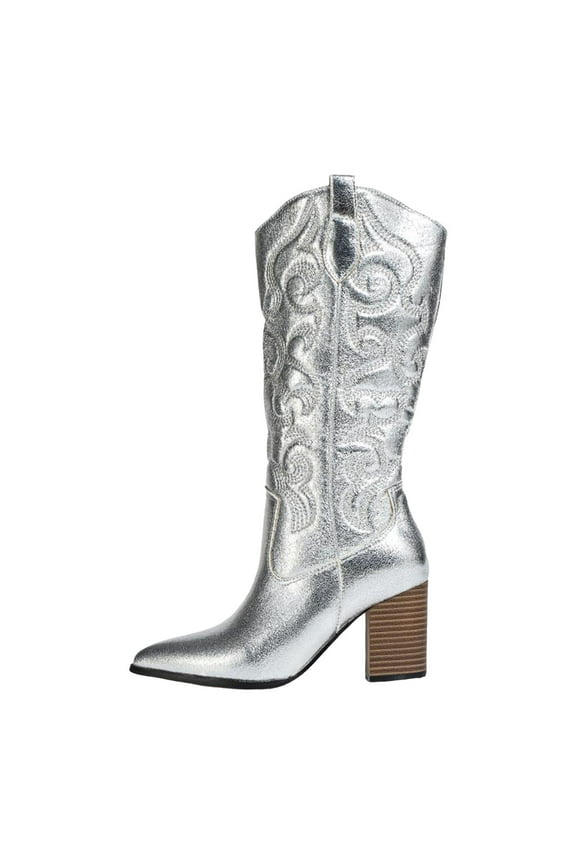 Wide Calf Boots Women's Western Boots Square Toe Heel Zipper Embroidered Ankle Boots Silver,6