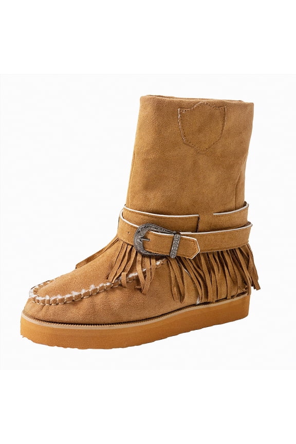 Wide Calf Cowboy Boots Women Fashion Embroidery Fringe Cowgirl Western Boots Stitched Chunky Heel Mid Calf Boots with Tassel Brown,Size 6