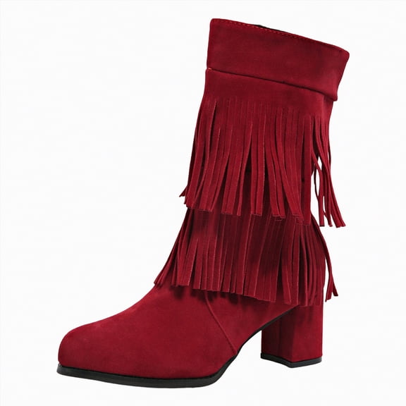 UngA Wide Calf Cowboy Boots Women Fringe Western Boots with Embroidered Square Toe Chunky Heel Mid Calf Cowgirl Boots Fall Winter Shoes with Tassel Red,Size 7.5