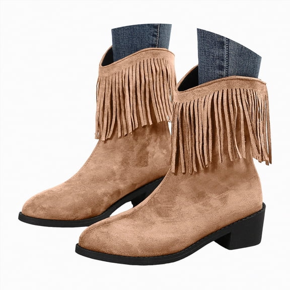 UngA Wide Calf Cowboy Boots Women Square Toe Wide Fringe Western Boots Mid Calf Cowgirl Boots Pull On Fashion Embroidered Cowboy Boots with Tassel Brown,Size 7.5