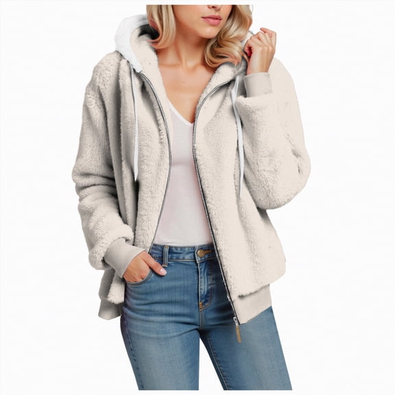 UngA Winter Fleece Jacket for Women 2025 Zipper Stand Collar Casual Coats with Pockets Fleece Jacket White,M