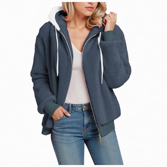 UngA Winter Fleece Jacket for Women 2025 Zipper Stand Collar Casual Coats with Pockets Women's Jackets Blue,M