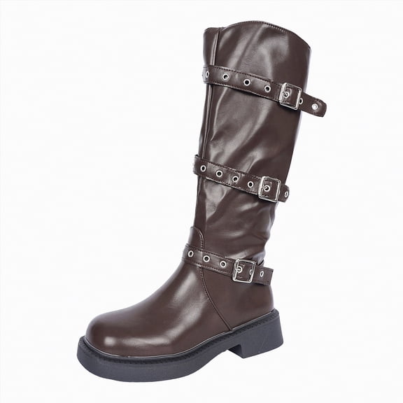 UngA Woman Boots Motorcycle Riding Boots with Buckle Straps Pull-on Low Block Heel Round Toe Slouchy Mid Calf Boots Women Brown,Size 6