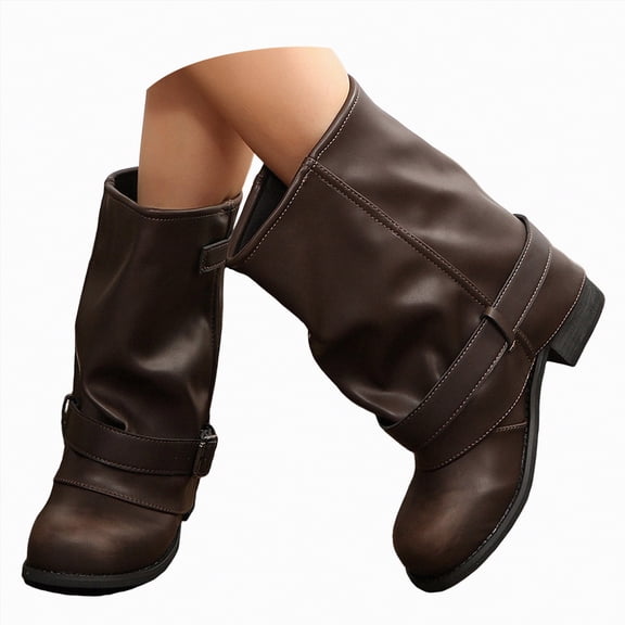 UngA Woman Boots Round Toe Buckle with Side Zip Slouch Flat to Low Heel Boots for Women Mid Calf Brown,Size 9