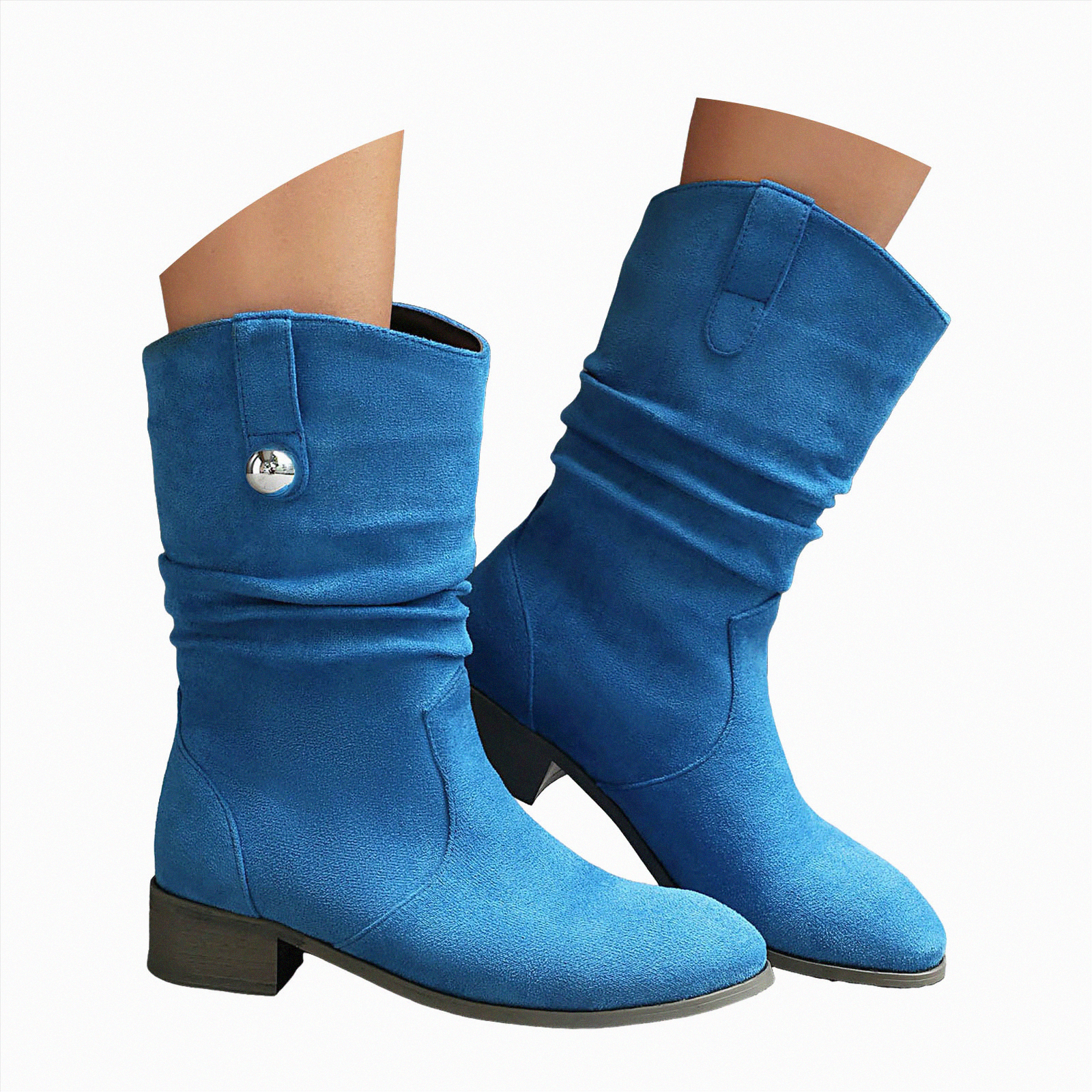 blue dress boots womens UngA Woman Boots Slouch Boots Fashion Slouchy Suede Pointed Toe Block Low  Heels Wide Calf Boots Winter Fall Dress Boots Women Mid Calf Blue,Size 7.5