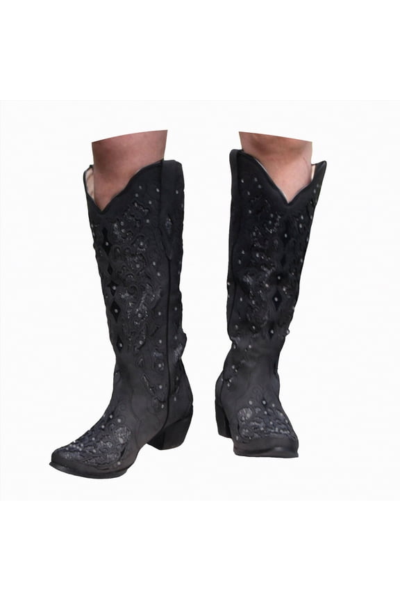 Woman Cowboy Boots Fashion Embroidery Cowgirl Western Boots Stitched Chunky Heel Mid Calf Boots Black,Size 6.5