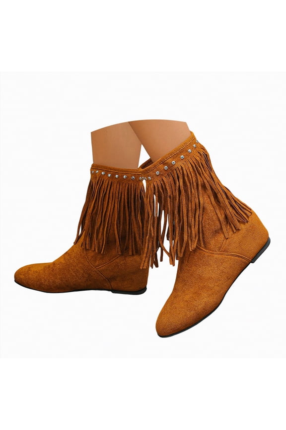 Woman Cowboy Boots Mid Calf Fringe Western Cowgirl Boots for Women Comfortable Low Heel With Zipper Brown,Size 6