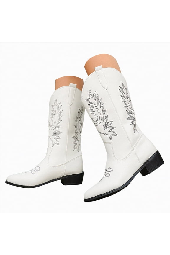 Woman Cowboy Boots Square Toe Wide Western Boots Mid Calf Cowgirl Boots Pull On Fashion Embroidered Cowboy Boots White,Size 6.5