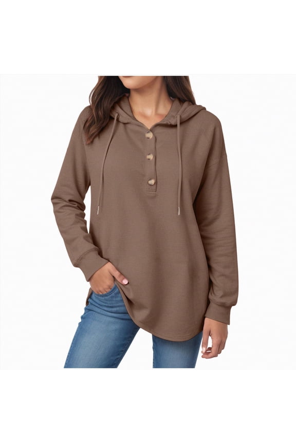 Woman Hoodies Long Sleeve Waffle Knit Shirts Kangaroo Pocket Fashion Hoodies Fall Pullover Sweatshirts (Coffee,S)