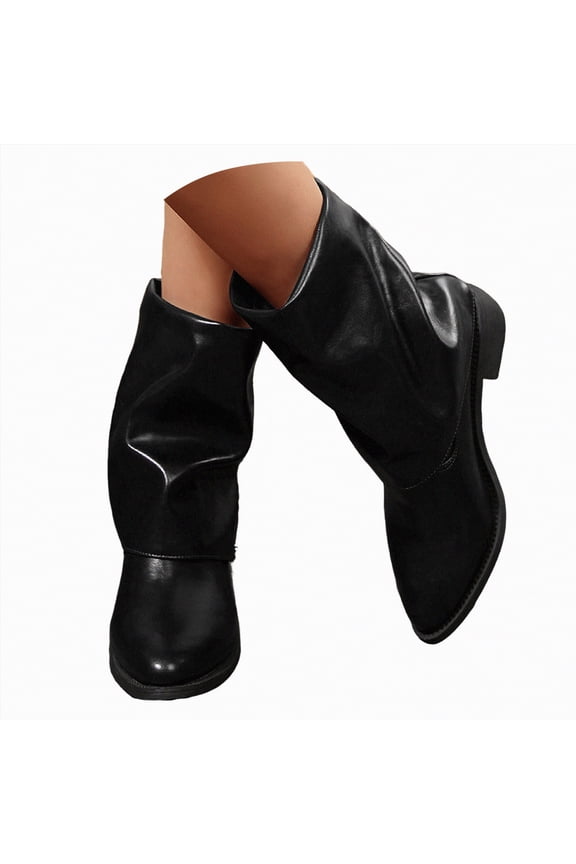 Woman's Boots Motorcycle Riding Boots with Buckle Straps Pull-on Low Block Heel Round Toe Slouchy Mid Calf Boots Women Black,Size 6.5