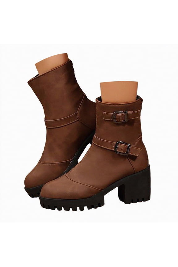 Woman's Boots Round Toe Buckle with Side Zip Slouch Flat to Low Heel Boots for Women Mid Calf Brown,Size 6