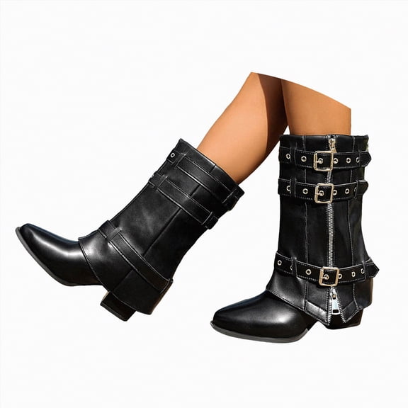 UngA Woman's Boots Slouchy Boots Zip up Flat Mid Calf Boots Women Black,Size 6