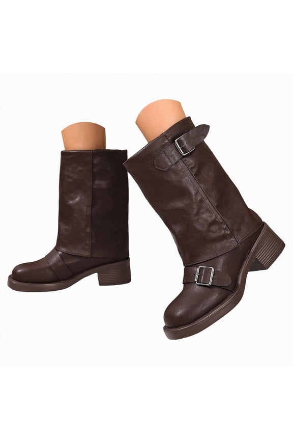 Womans Boots Chunky Low Heel Riding Booties Motorcycle Biker Round Toe Fashion Buckle Western Booties Trendy Stylish Boots for Women Mid Calf Brown,Size 9