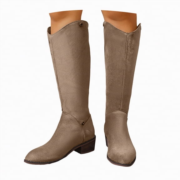 UngA Womans Boots Low Heel Slouchy Suede Boots Slip On Casual Boots Fashion Side Zipper Round Toe Fall Winter Boots for Women Mid Calf Khaki,Size 8