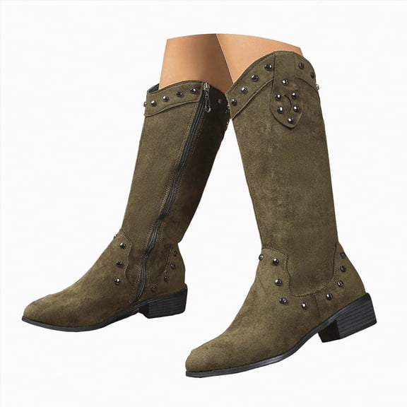 UngA Womans Boots Low Heel Slouchy Suede Slip On Casual Boots with Side Zipper Boots Women Mid Calf Green,Size 6