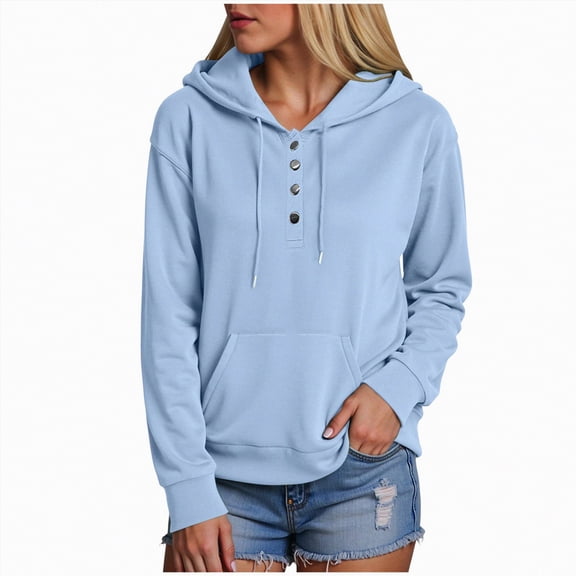 UngA Womans Hoodie Pulllover Long Sleeve Half Button Hoodies Fall Fashion Sweatshirts Hooded Tunic Tops Oversized Hoodie for Women (Blue,L)
