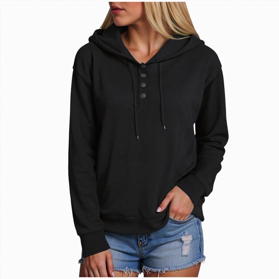 UngA Womans Hoodie Pulllover Long Sleeve Half Button Hoodies Fall Fashion Sweatshirts Hooded Tunic Tops Oversized Hoodies for Women (Black,XXL)