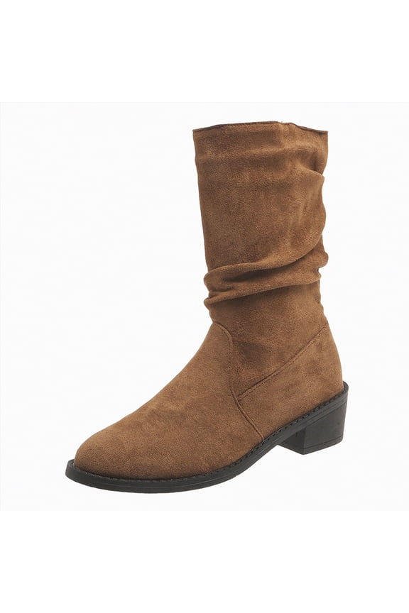 Women Boot Flat Boots Fashion Casual Slip On Mid Calf Boots Comfort Solid Color Zipper Plus Size Boots Women Mid Calf Brown,Size 8.5