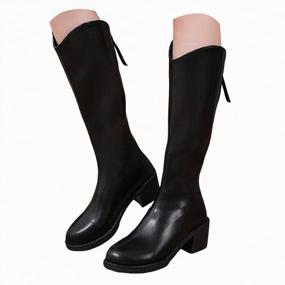 UngA Women Boots Mid Calf Fold Over Slouchy Boots Chunky Heels Square Toe Pull On Booties Stacked Pleated Boots for Women Black,Size 7.5