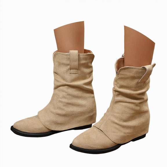 UngA Women Boots Mid Calf Slip-On Suede Boots Lace Up with Side Pom Round Toe Shoes Chunky Fall Winter Warm Boots for Women Beige,Size 7.5