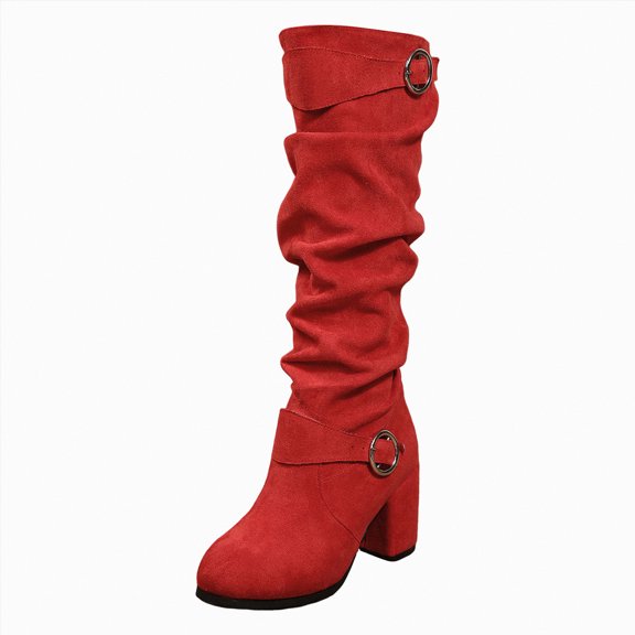 UngA Women Boots Mid Calf Stylish Comfortable Buckle Decor Suede Low Heel Zip Up Snow Boots for Warmth and Fashion Tall Design Shoes for Winter Outdoor Footwear Boots Womens Red,Size 6