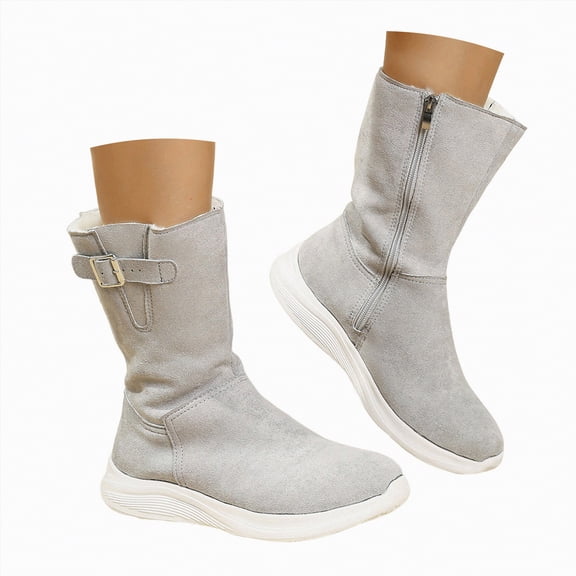 UngA Women Boots Mid Calf Wide Calf Flat Faux Suede Boots for Women Cowboy Slouch Stacked Bootie Side Zipper Round Toe Winter Flats Boots Women Light Gray,Size 9.5